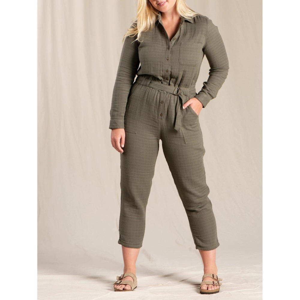 Toad&Co Tamarac Jumpsuit Sz M Olive Green Long Sleeve Gauze gorpcore granola